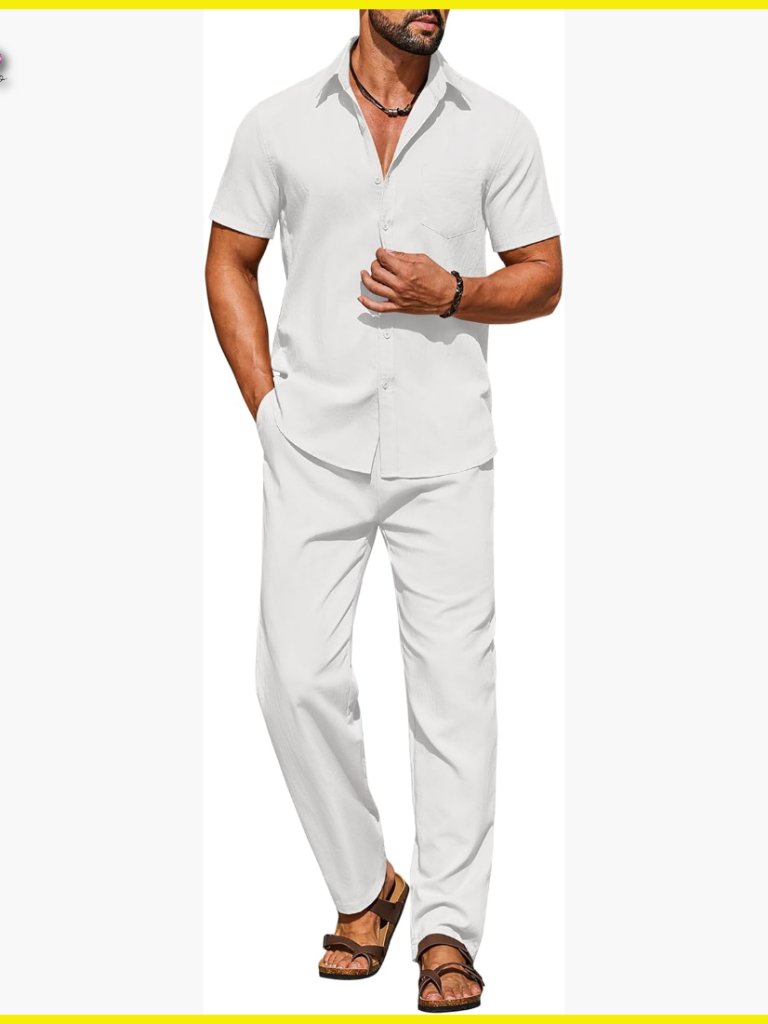 Men's Linen Set Casual Short Sleeve Button Down Shirt Loose Pants Summer Outfit